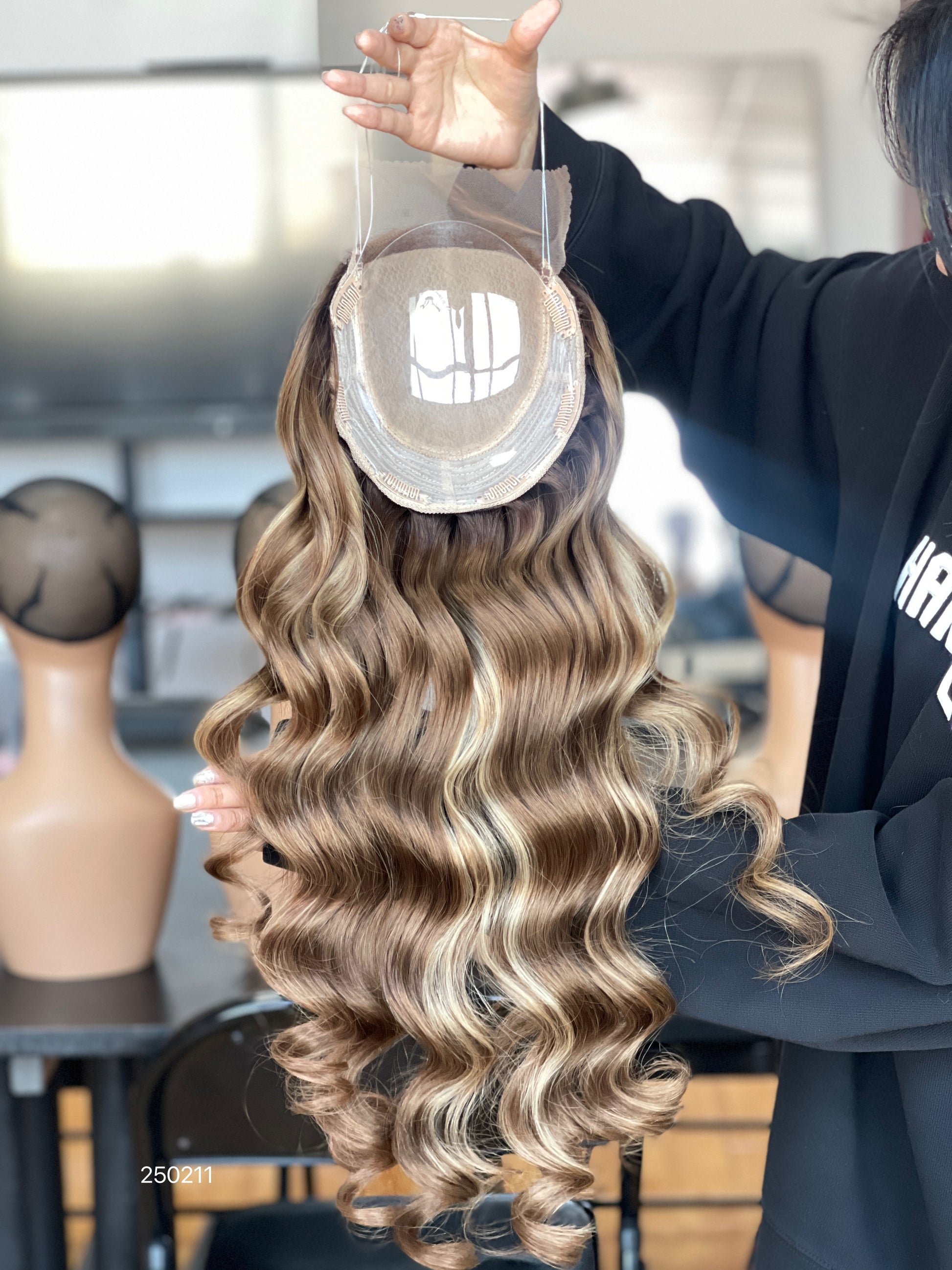Warm Brown Blonde Highlighted Long Wavy Human Hair Topper Mini Wig, product view 4