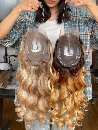 Warm Brown Blonde Highlighted Long Wavy Human Hair Topper Mini Wig, product view 5