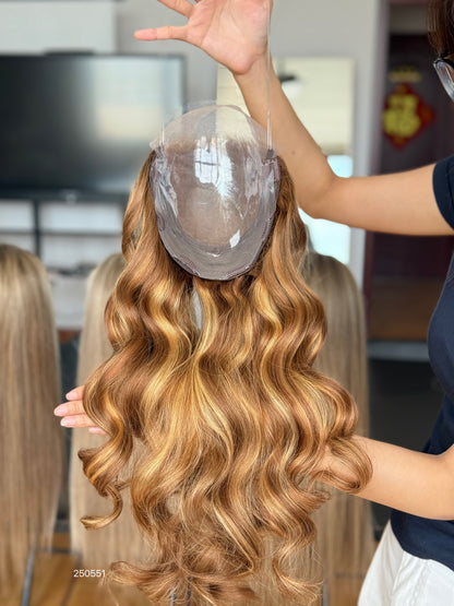 Warm Brown Blonde Highlighted Long Wavy Human Hair Topper Mini Wig, product view 5