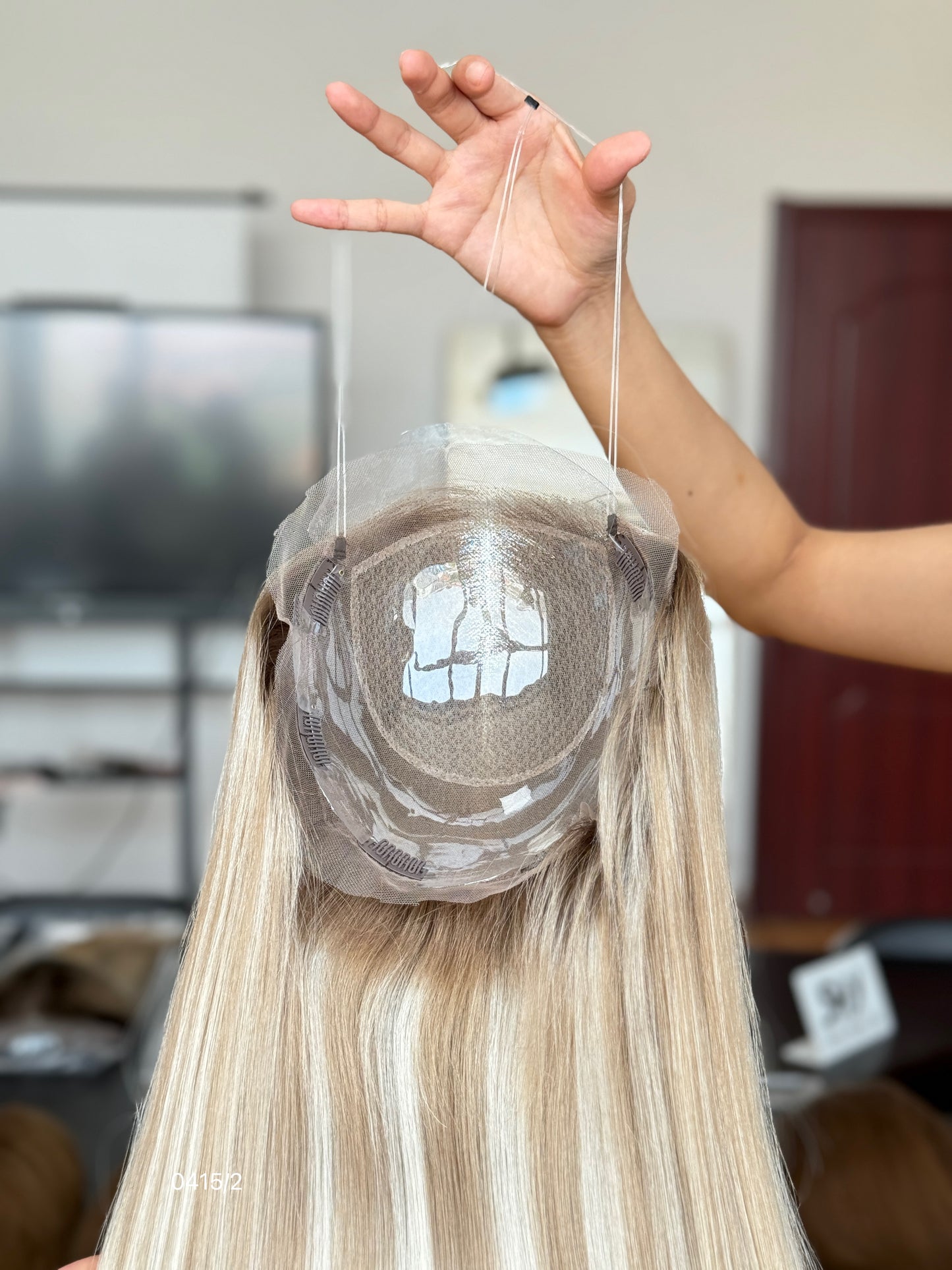 Light Blonde Long Straight Human Hair Topper Mini Wig, product view 4