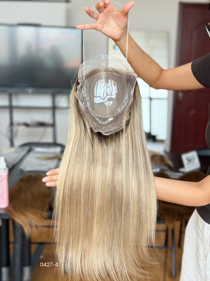 Light Blonde Dark-Root Long Straight Human Hair Topper Mini Wig, product view 4