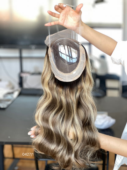 Chocolate Brown Rooted Blonde Long Wavy Human Hair Topper Mini Wig, product view 3