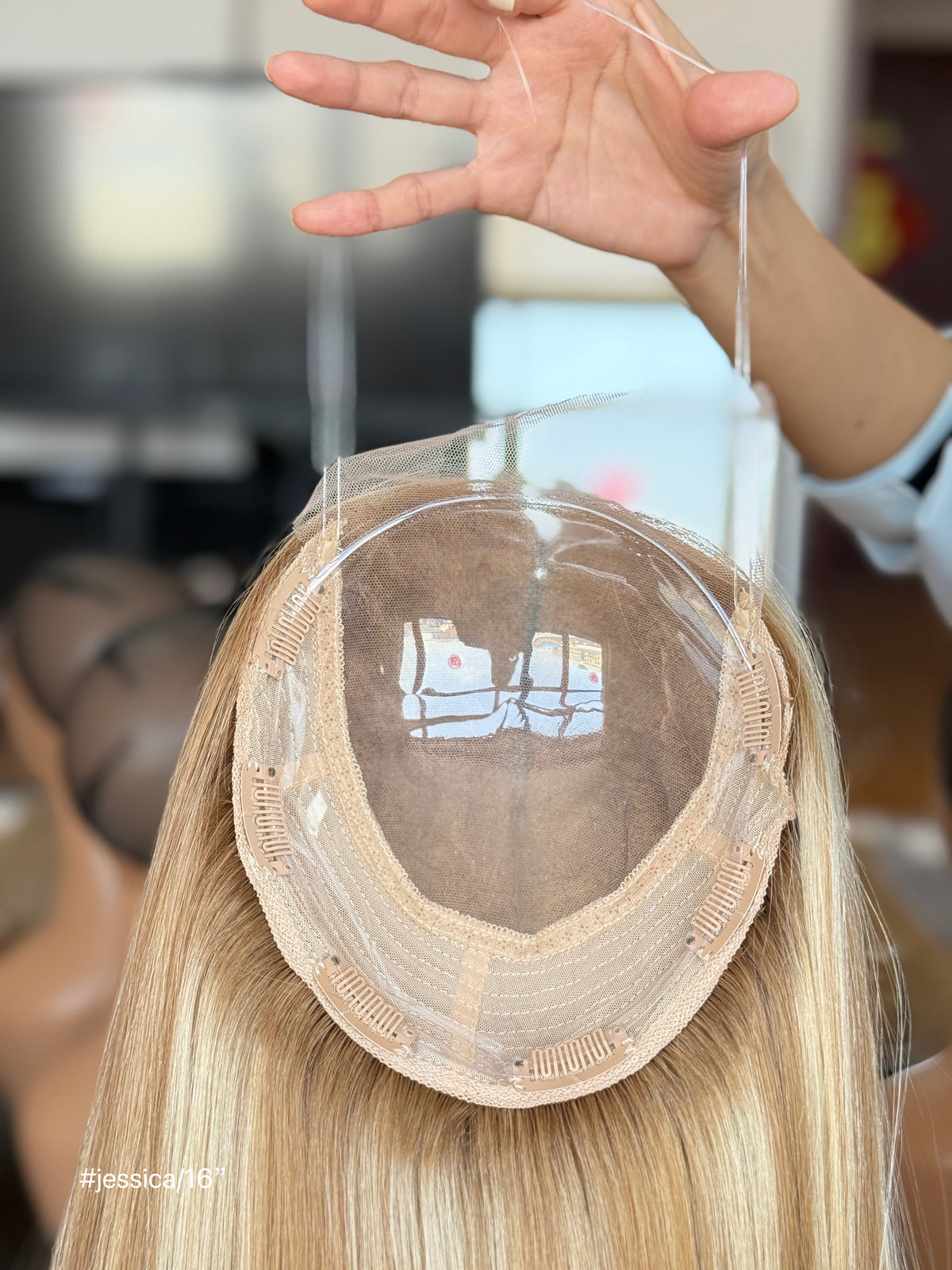 Light Blonde Long Straight Human Hair Topper Mini Wig, product view 4
