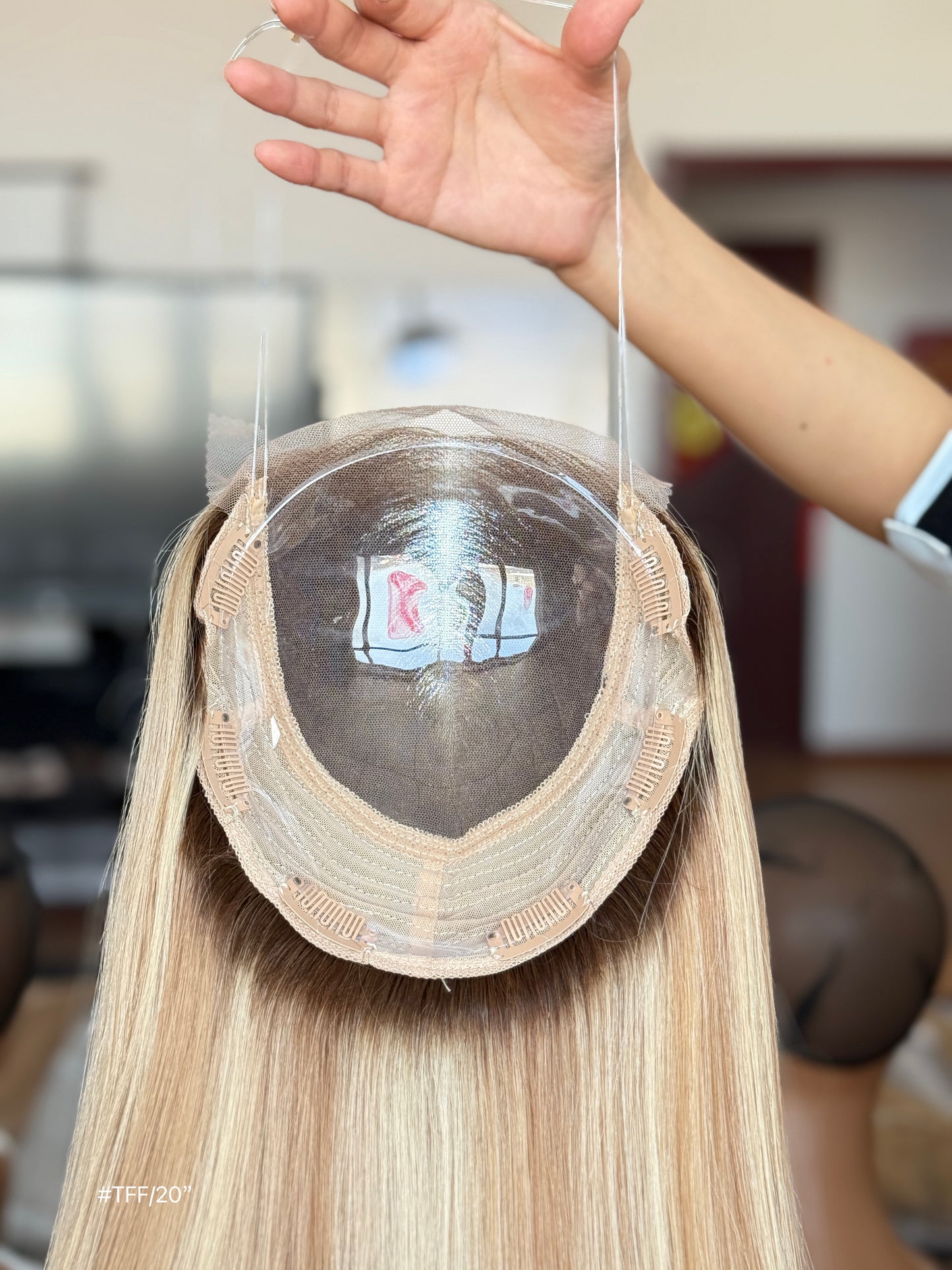 Light Blonde Long Straight Human Hair Topper Mini Wig, product view 4
