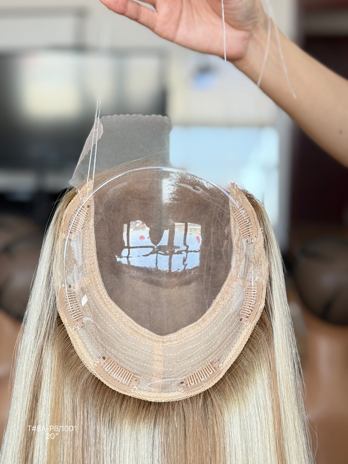 Light Blonde Long Straight Human Hair Topper Mini Wig, product view 4