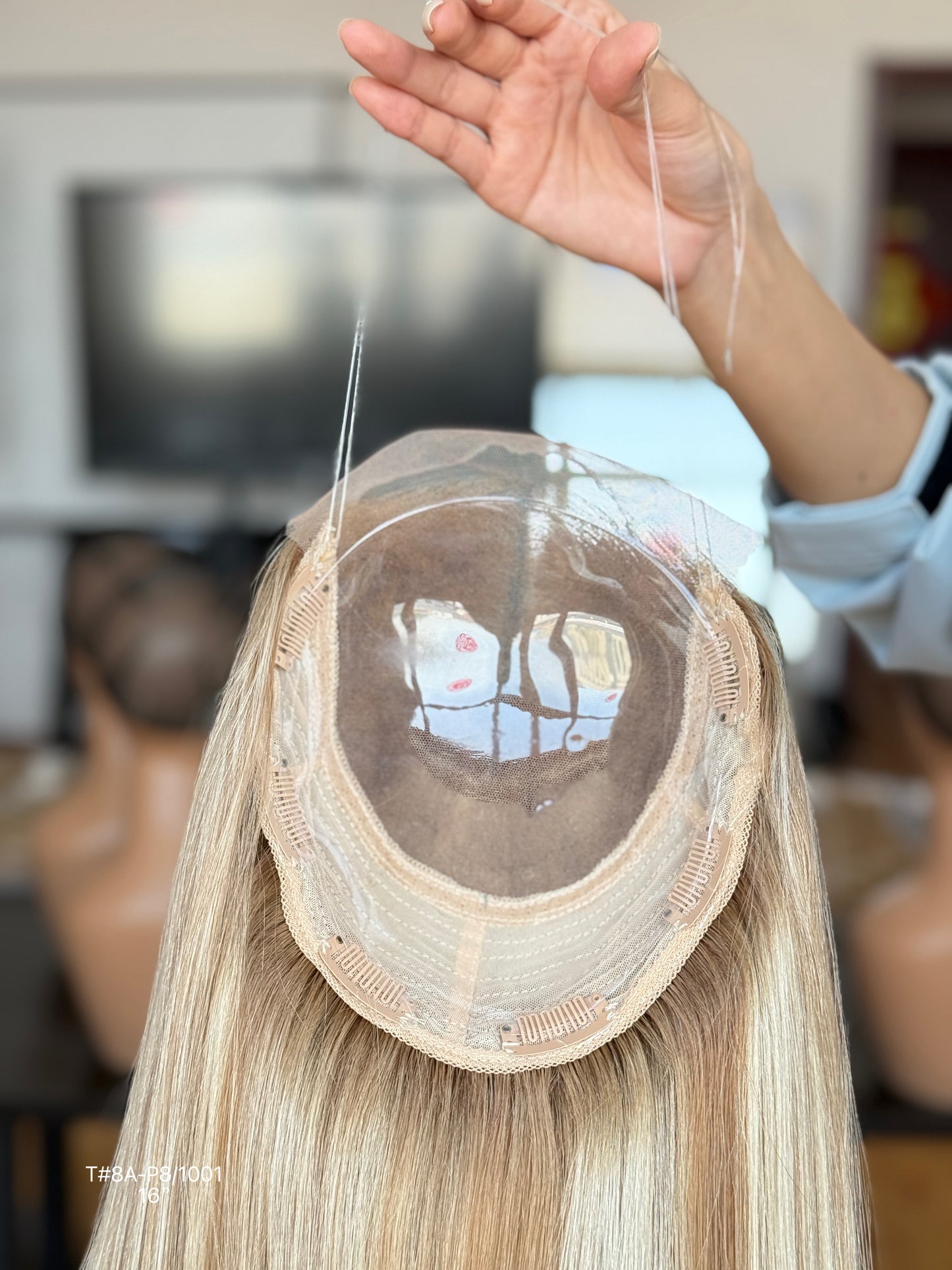 Light Blonde Long Straight Human Hair Topper Mini Wig, product view 4