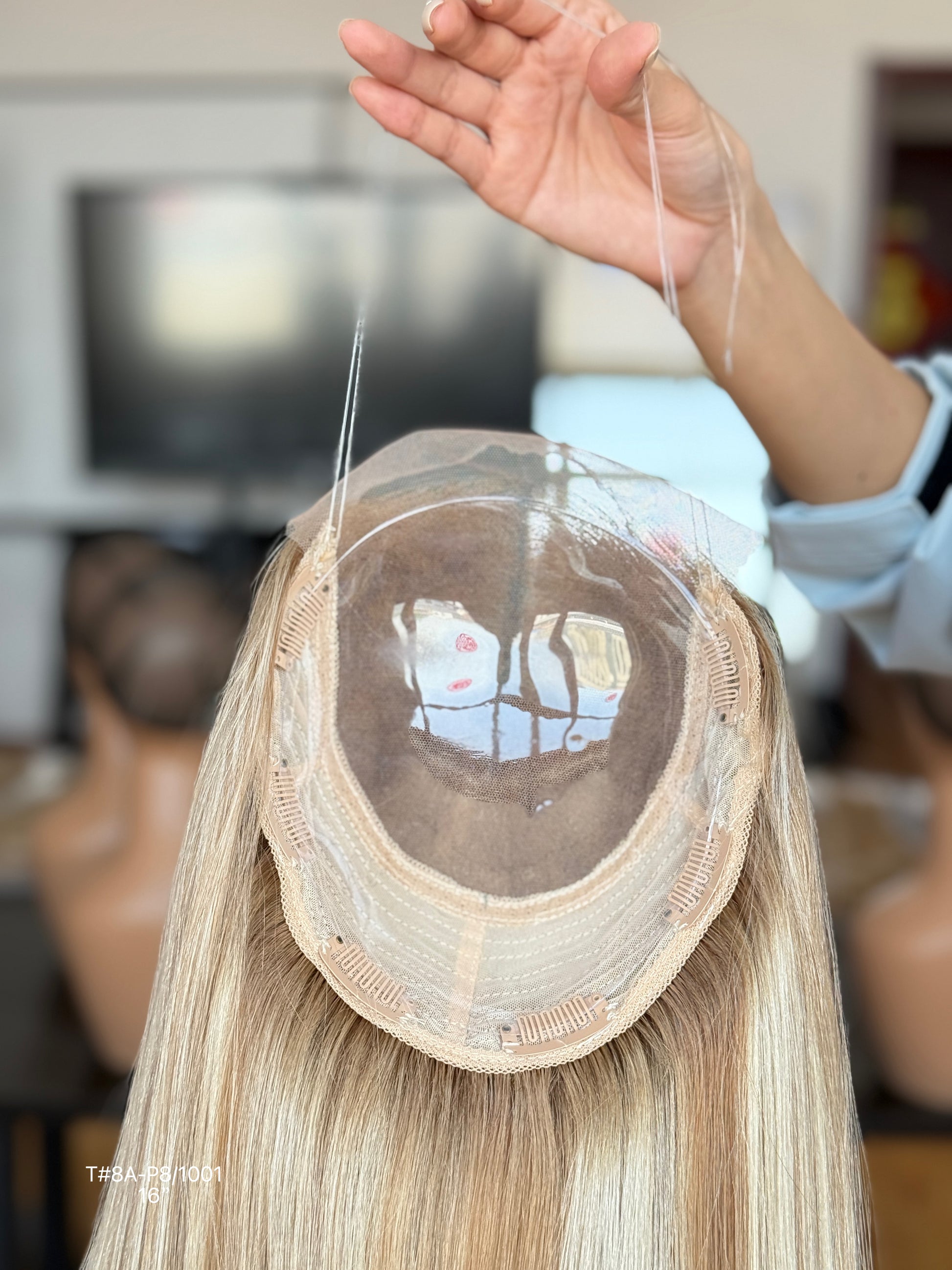 Light Blonde Long Straight Human Hair Topper Mini Wig, product view 4