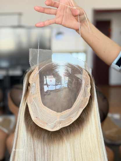 Light Blonde Long Straight Human Hair Topper Mini Wig, product view 4