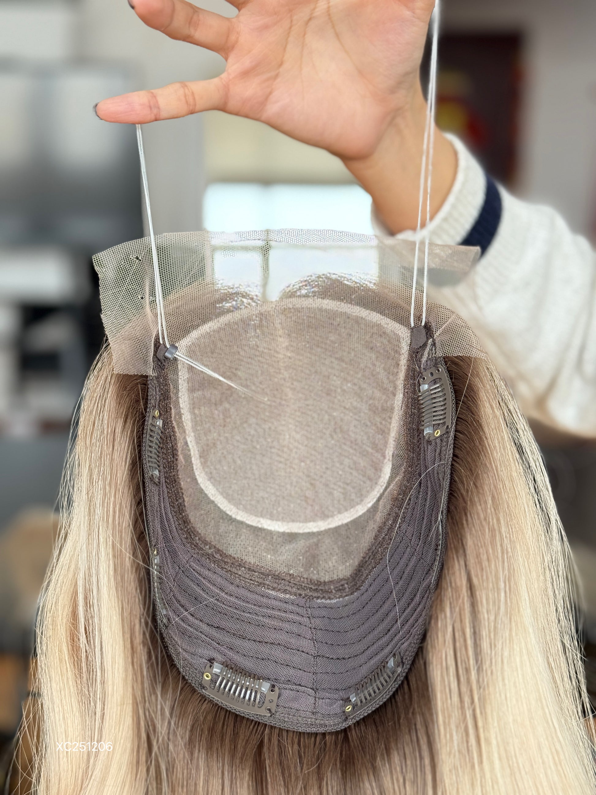 Light Blonde Long Wavy Human Hair Topper Mini Wig, product view 4