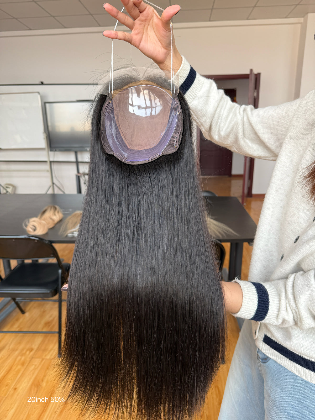 Chocolate Brown Long Straight Human Hair Topper Mini Wig, product view 4