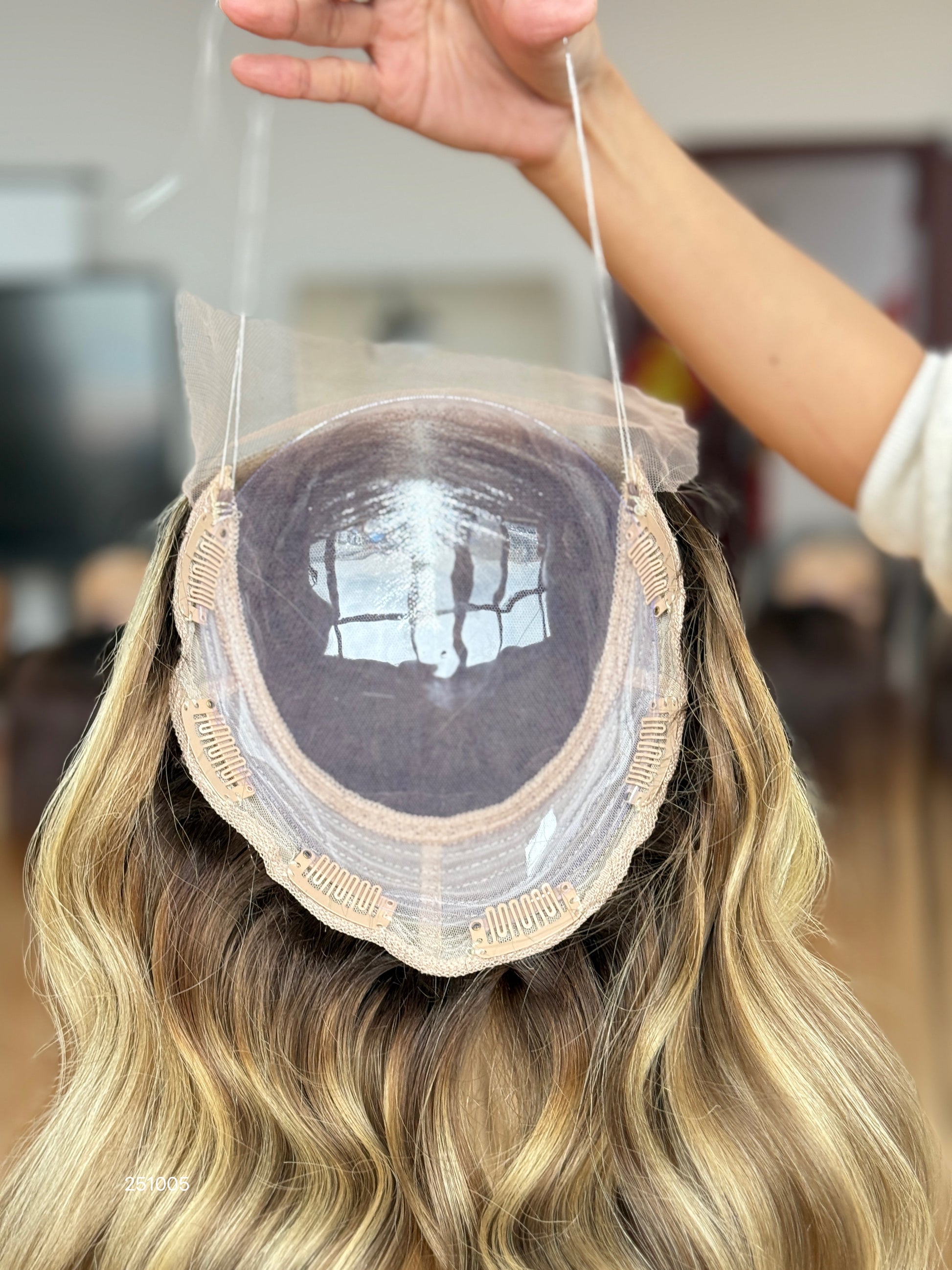 Warm Brown Blonde Highlighted Long Wavy Human Hair Topper Mini Wig, product view 5