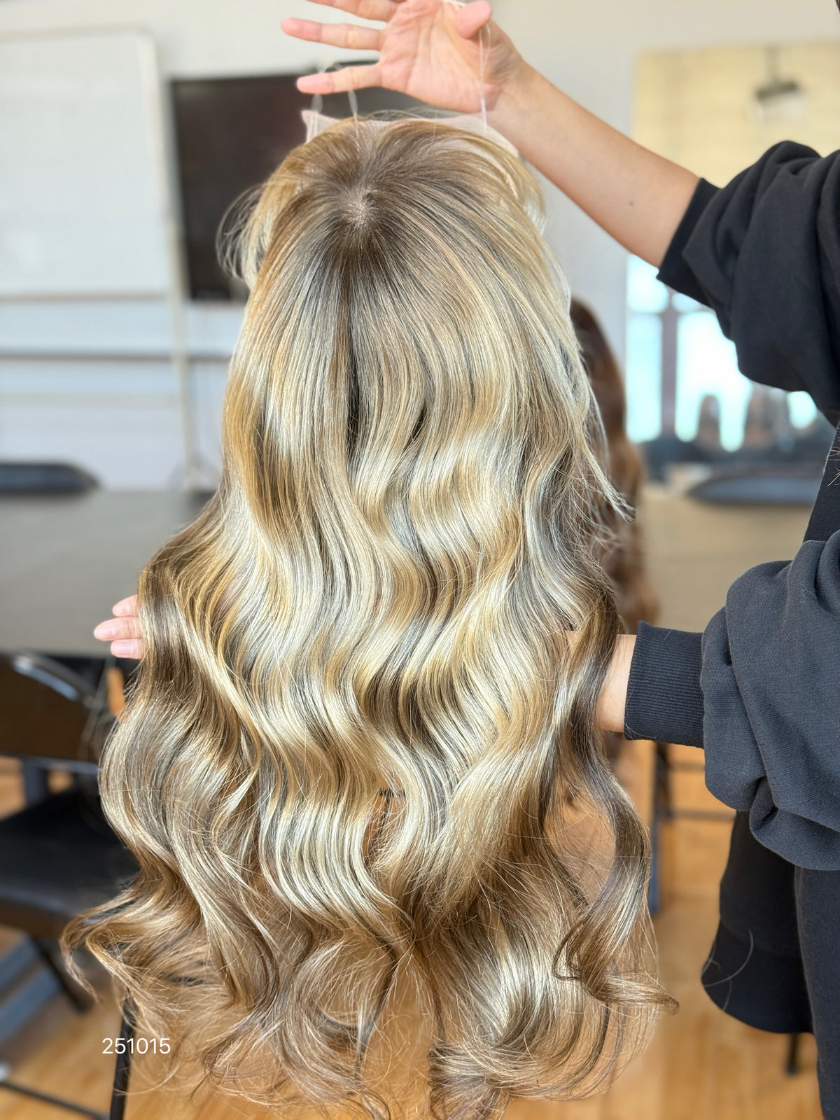 Chocolate Brown Rooted Blonde Long Wavy Human Hair Topper Mini Wig, product view 4