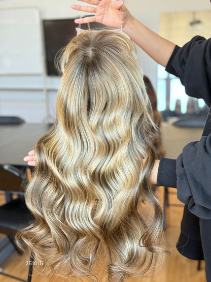 Chocolate Brown Rooted Blonde Long Wavy Human Hair Topper Mini Wig, product view 4