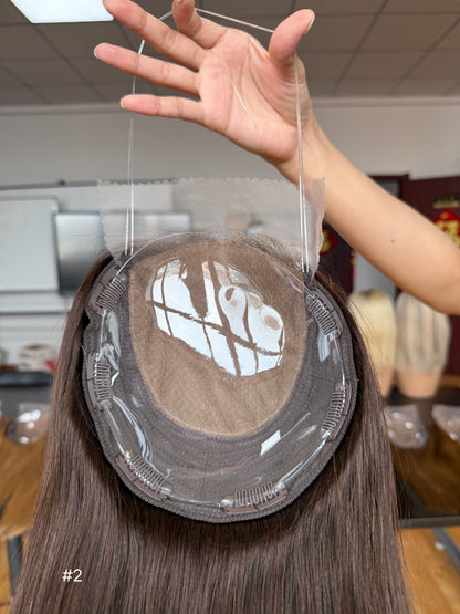 Chocolate Brown Long Straight Human Hair Topper Mini Wig, product view 4