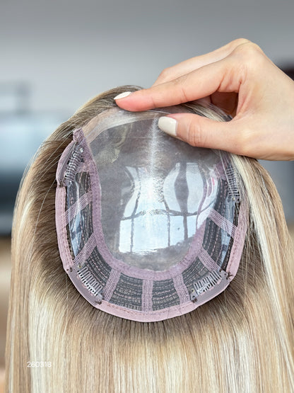 Light Blonde Long Straight Human Hair Topper Mini Wig, product view 4