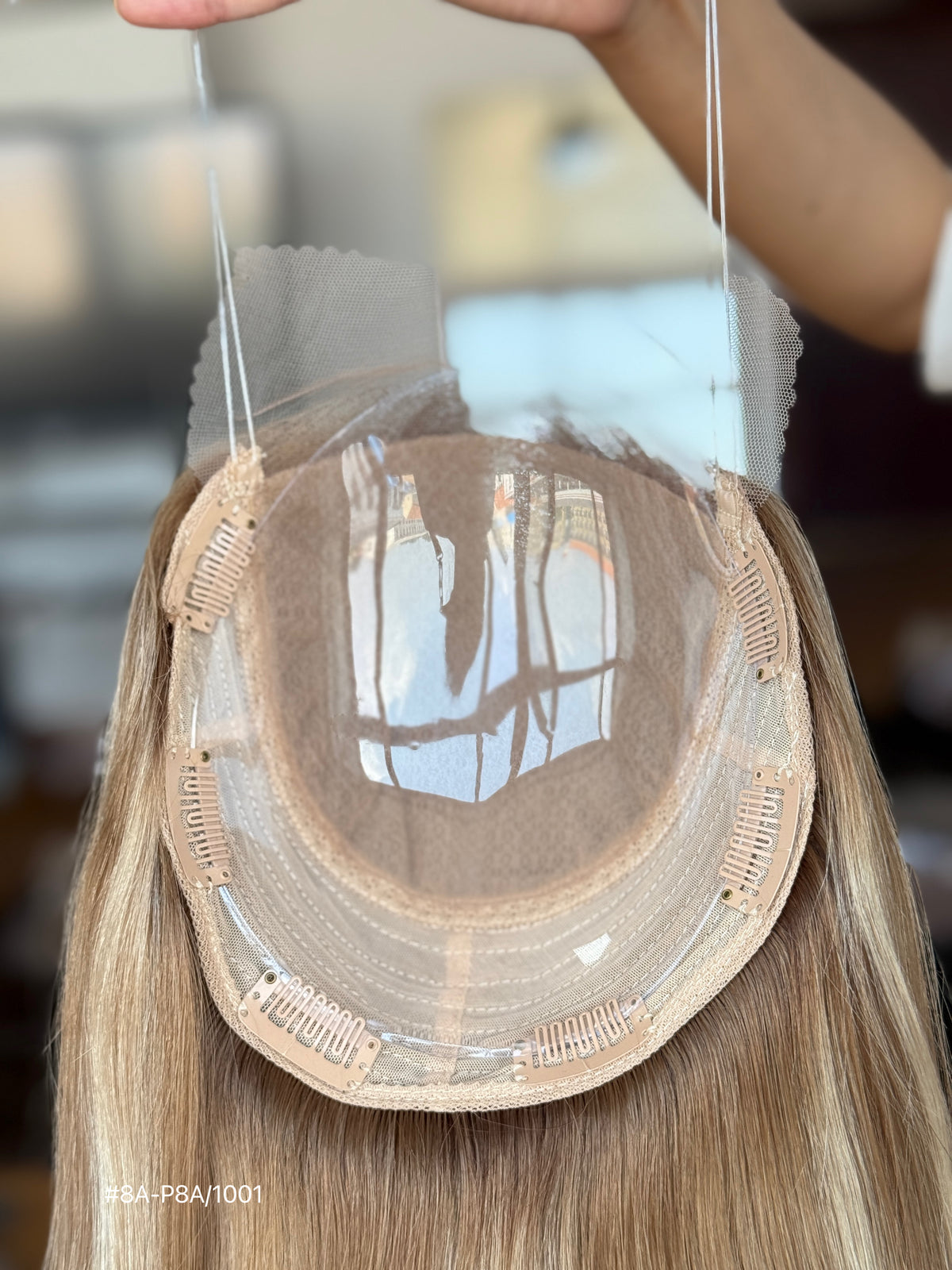 Light Blonde Long Straight Human Hair Topper Mini Wig, product view 4