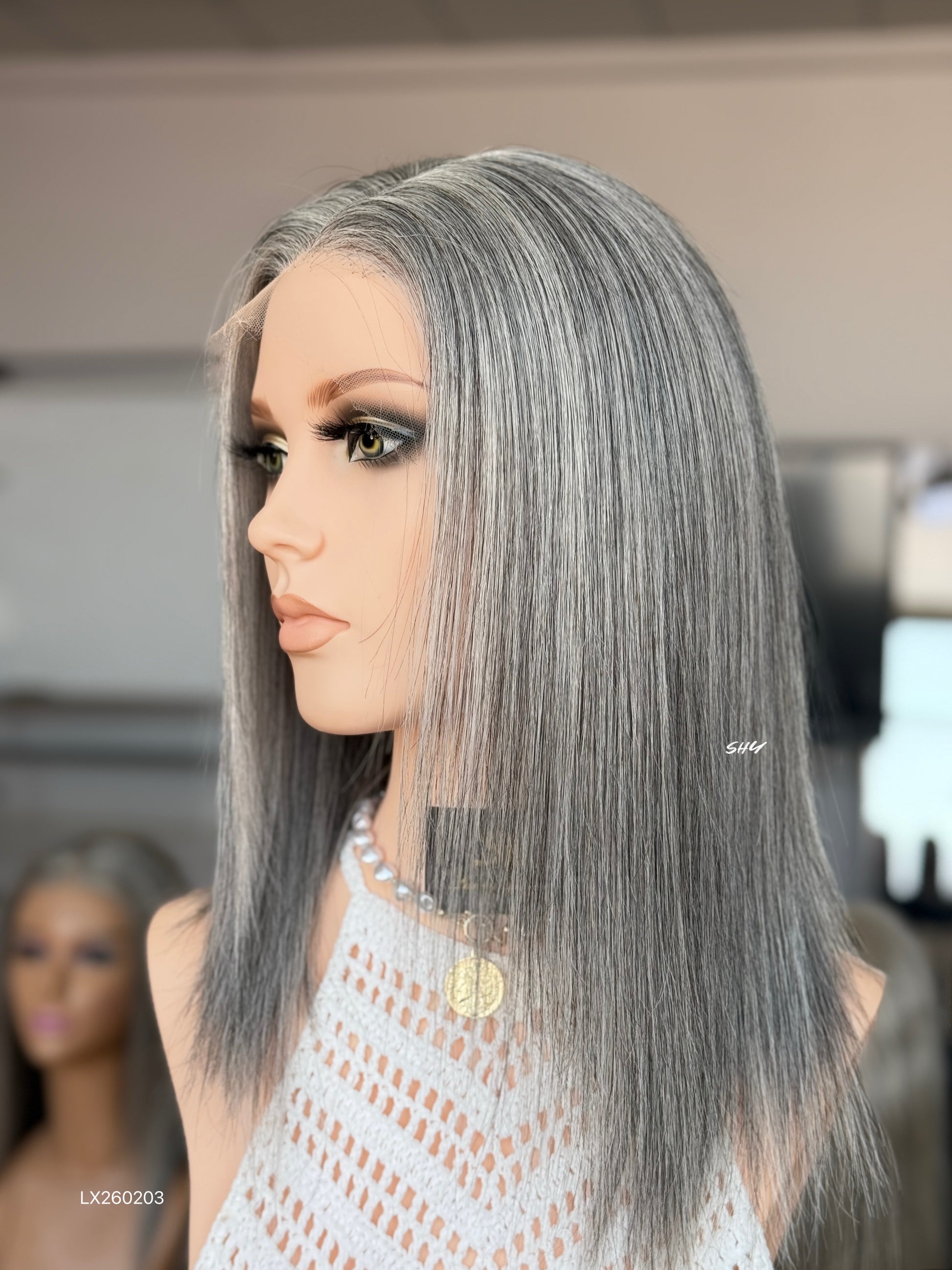 Silver Gray Middle-Part Straight Human Hair Lace Front Glueless Medical Wig, product view 5