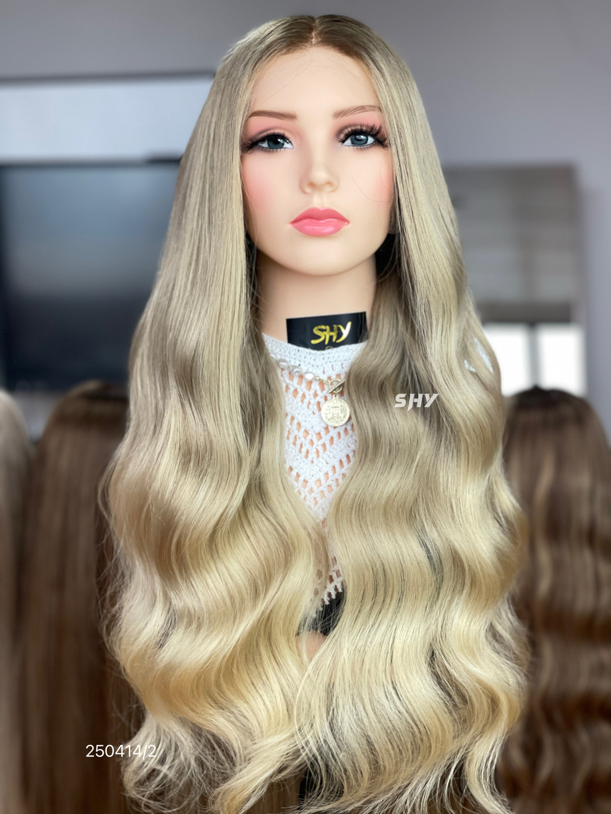 Ash Blonde Dark Root Middle-Part Body Wave Human Hair Lace Front Glueless Medical Wig, product view 5