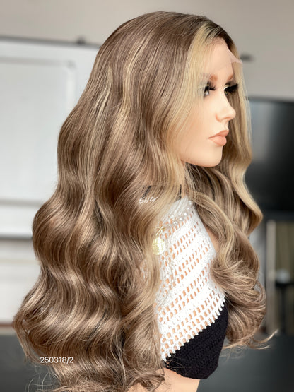 Chocolate Brown Balayage Middle-Part Body Wave Human Hair Lace Front Glueless Medical Wig, product view 5