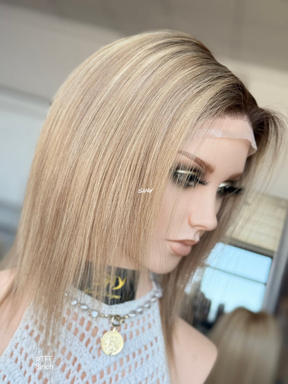 Dark Root Ash Blonde Highlighted Side-Part Straight Bob Human Hair Lace Front Glueless Medical Wig, product view 5