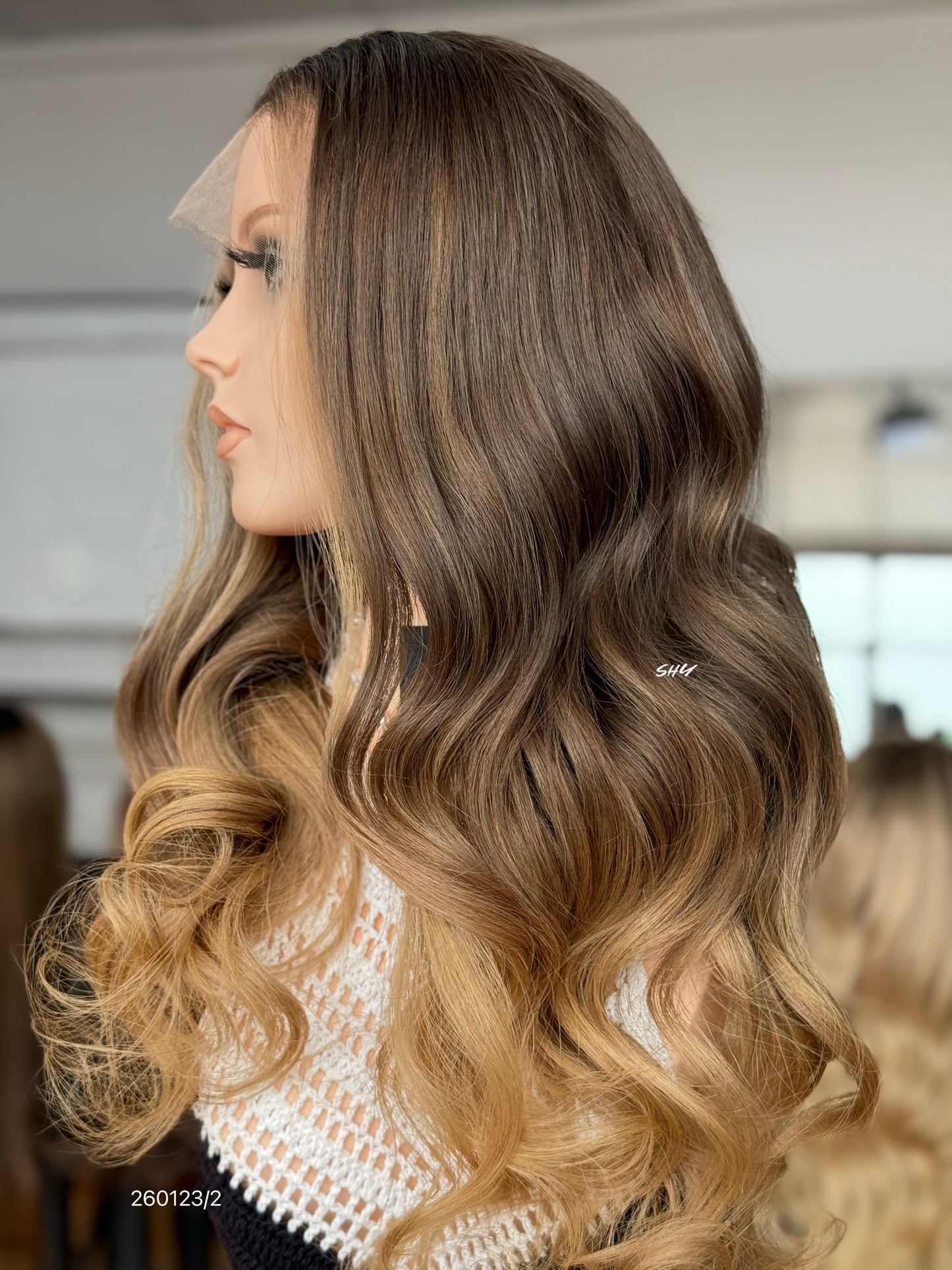 Brown Root Honey Blonde Ombre Middle-Part Body Wave Human Hair Lace Front Glueless Medical Wig, product view 5