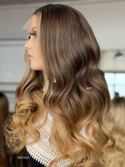 Brown Root Honey Blonde Ombre Middle-Part Body Wave Human Hair Lace Front Glueless Medical Wig, product view 5