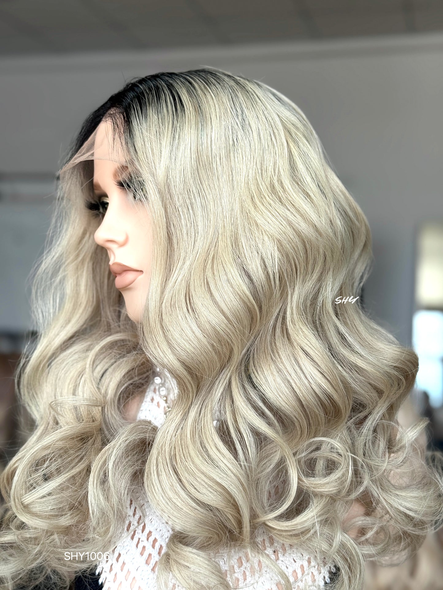 Black Root Blonde Middle-Part Loose Wave Human Hair Lace Front Glueless Medical Wig, product view 5