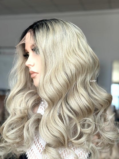 Black Root Blonde Middle-Part Loose Wave Human Hair Lace Front Glueless Medical Wig, product view 5