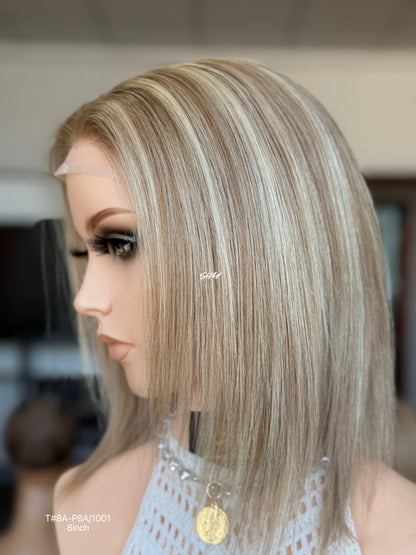 Natural Brown Root Blonde Highlighted Side-Part Straight Bob Human Hair Lace Front Glueless Medical Wig, product view 5