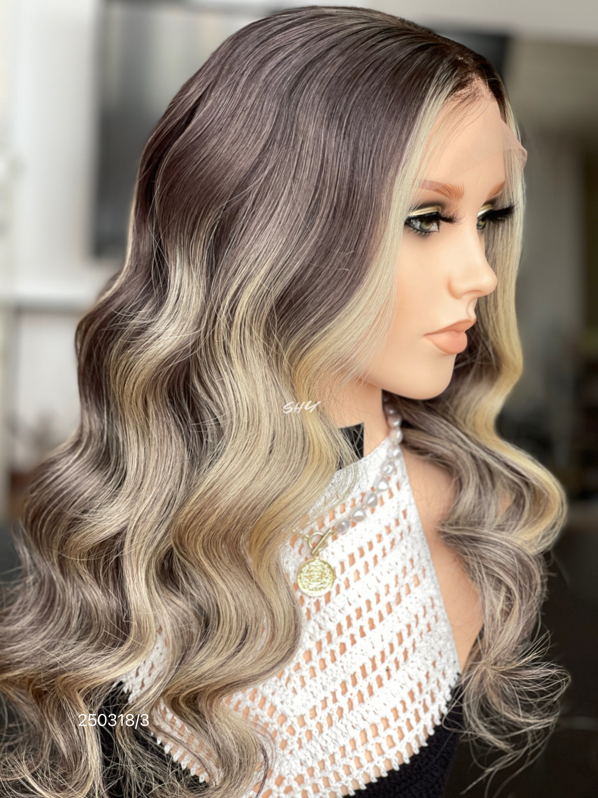 Ash Brown Blonde Highlighted Middle-Part Body Wave Human Hair Lace Front Glueless Medical Wig, product view 5
