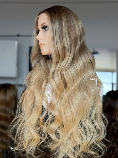 Dark Root Ash Blonde Middle-Part Body Wave Human Hair Lace Front Glueless Medical Wig, product view 5