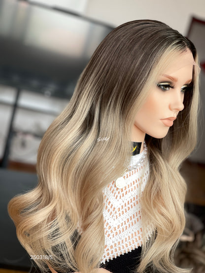 Dark Root Blonde Ombre Middle-Part Body Wave Human Hair Lace Front Glueless Medical Wig, product view 5