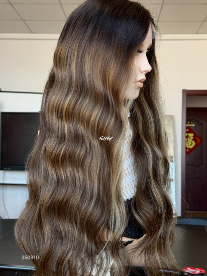 Dark Brown Highlighted Middle-Part Long Wavy Human Hair Lace Front Glueless Medical Wig, product view 5