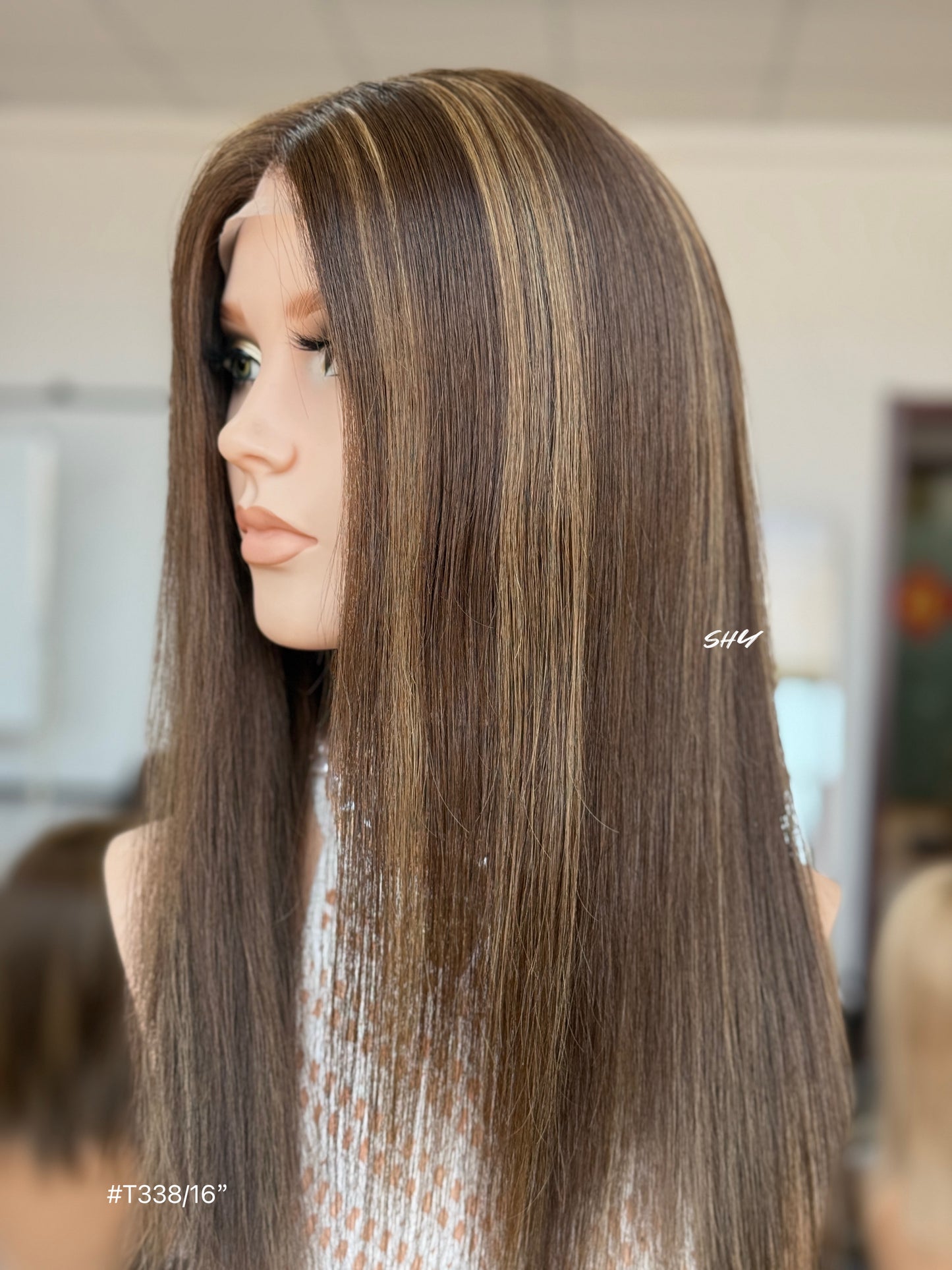 Chocolate Brown Highlighted Middle-Part Long Straight Human Hair Lace Front Glueless Medical Wig, product view 5