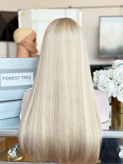 Cream Blonde Middle-Part Long Straight Human Hair Sheitel Wig, product view 5