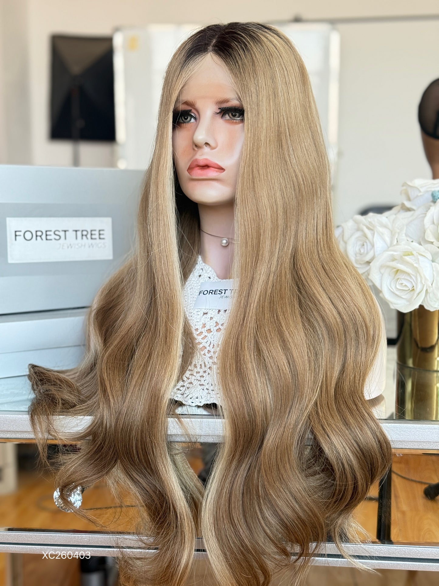 Dark Root Sandy Blonde Middle-Part Long Wavy Human Hair Sheitel Wig, product view 5