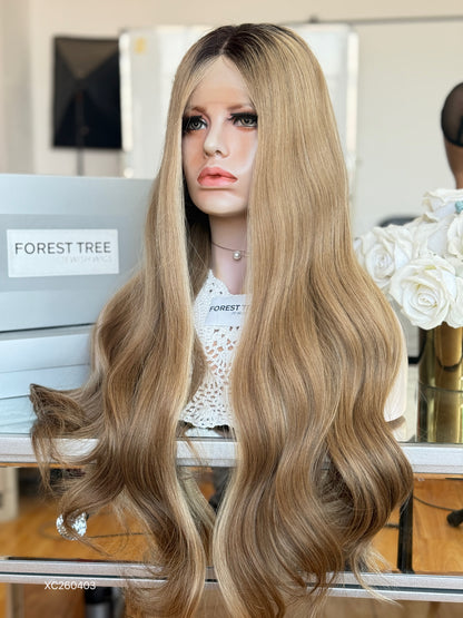 Dark Root Sandy Blonde Middle-Part Long Wavy Human Hair Sheitel Wig, product view 5