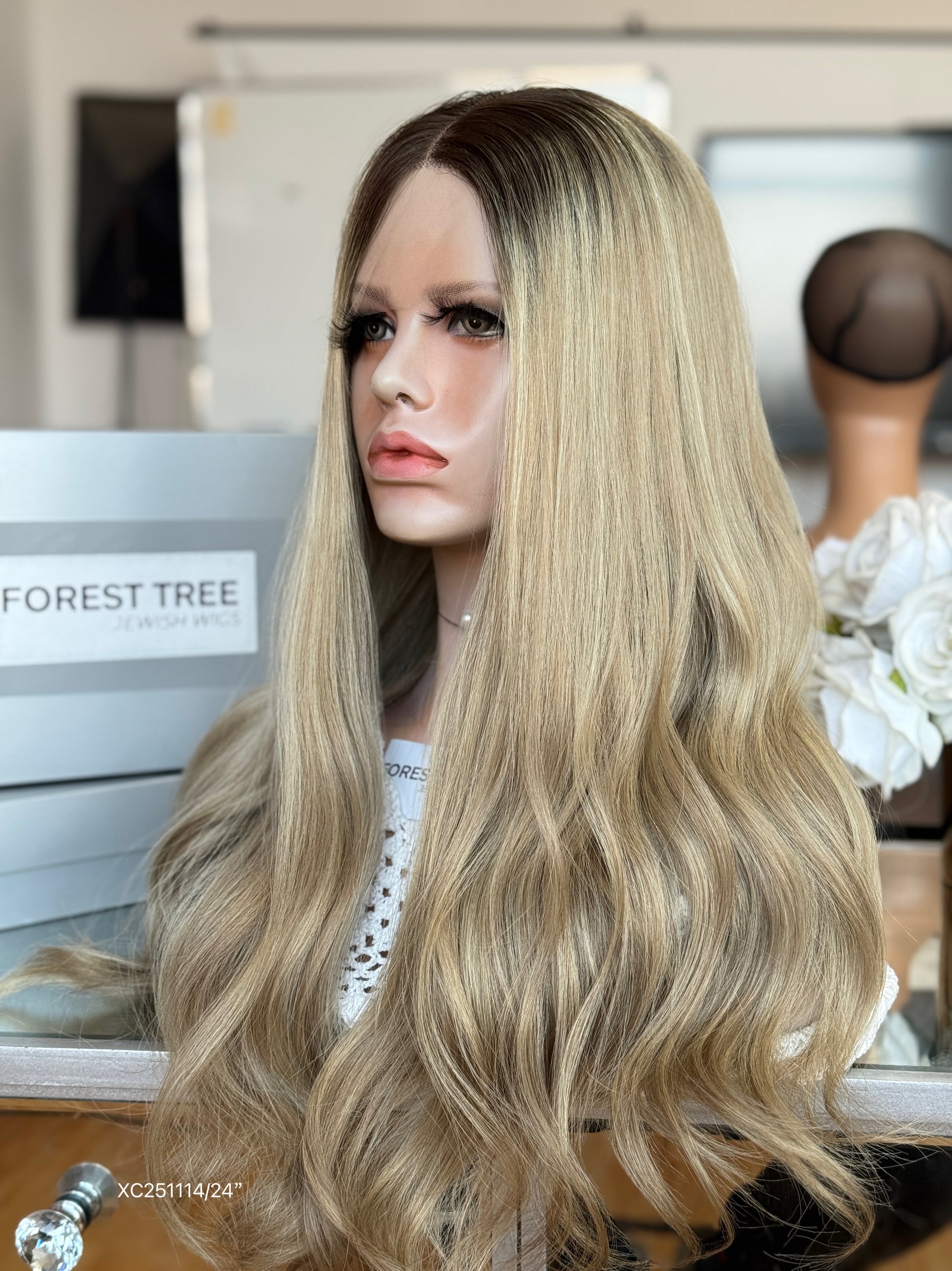 Dark Root Champagne Blonde Long Wavy Human Hair Sheitel Wig, product view 5