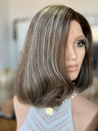 Highlighted Ash Brown Side-Part Short Bob Human Hair Sheitel Wig, product view 5