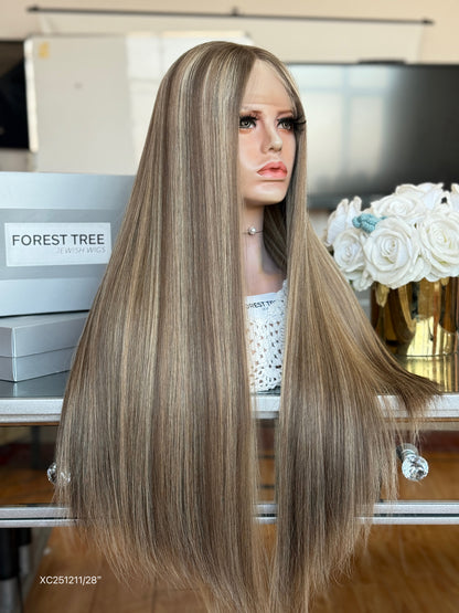 Light Ash Blonde Middle-Part Long Straight Human Hair Sheitel Wig, product view 5