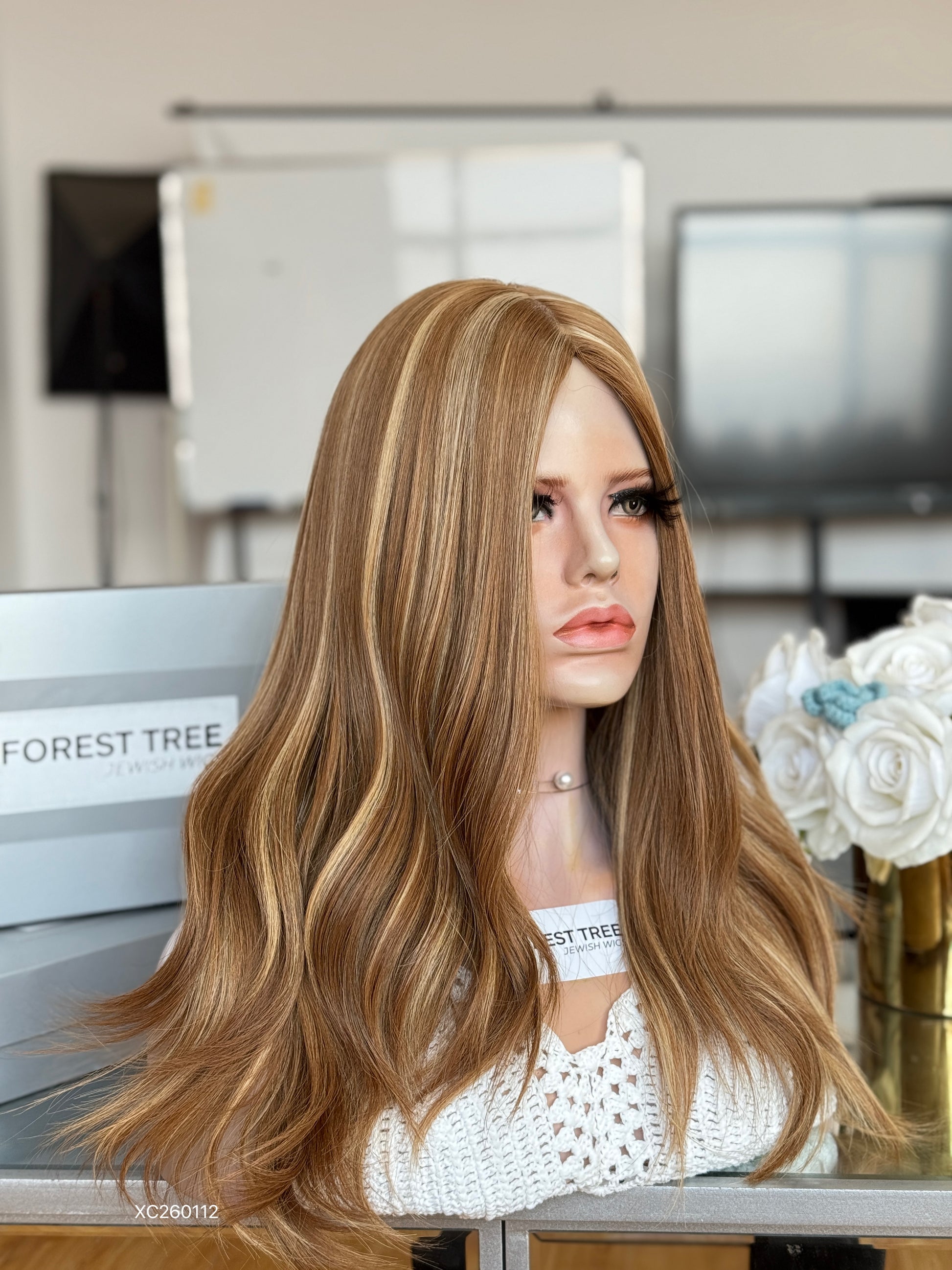 Honey Blonde Middle-Part Long Wavy Human Hair Sheitel Wig, product view 5