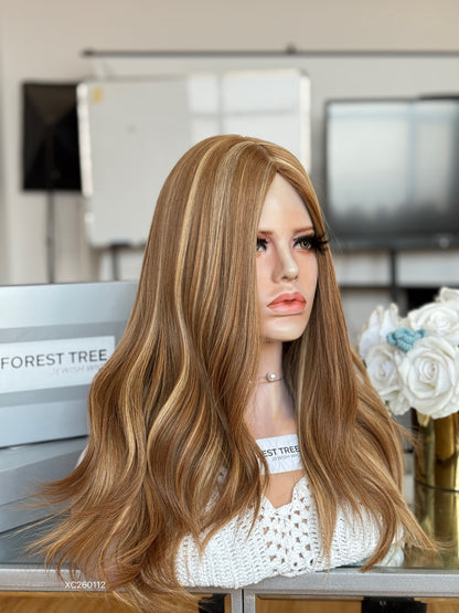Honey Blonde Middle-Part Long Wavy Human Hair Sheitel Wig, product view 5