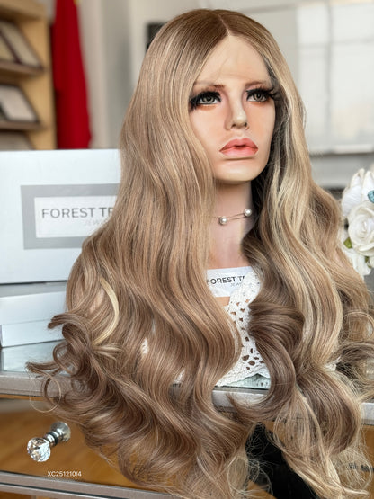 Beige Blonde Middle-Part Long Wavy Human Hair Sheitel Wig, product view 5