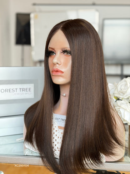 Deep Walnut Brown Middle-Part Long Straight Human Hair Sheitel Wig, product view 5