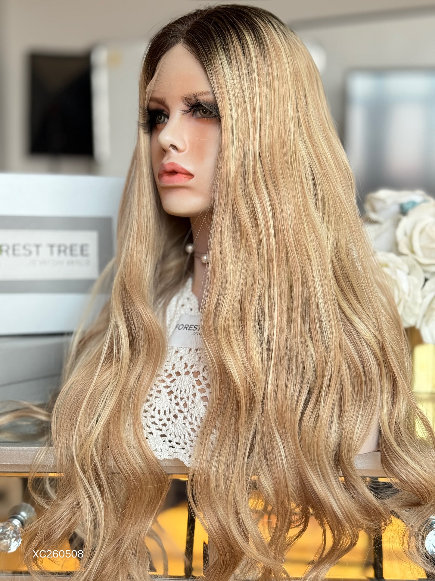 Dark Root Vanilla Blonde Middle-Part Long Wavy Human Hair Sheitel Wig, product view 5