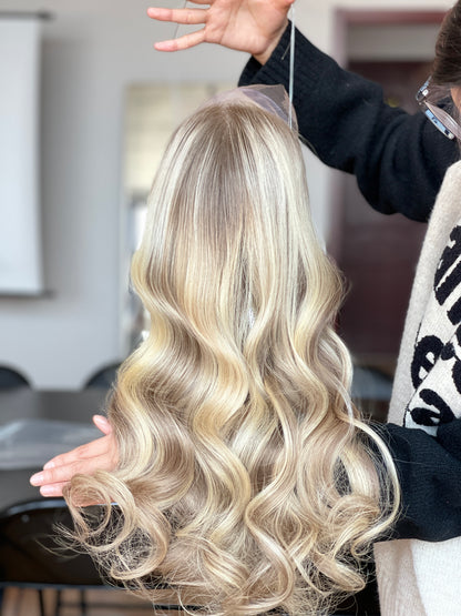 Ash Blonde Center-Part Long Wavy Human Hair Topper Mini Wig, product view 6