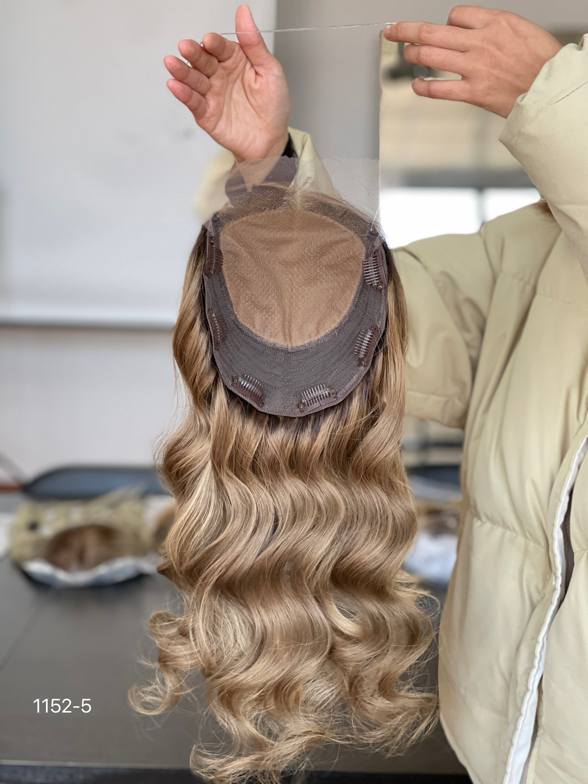 Chocolate Brown Dark-Root Long Wavy Human Hair Topper Mini Wig, product view 5