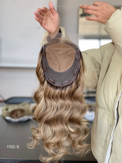 Chocolate Brown Dark-Root Long Wavy Human Hair Topper Mini Wig, product view 5