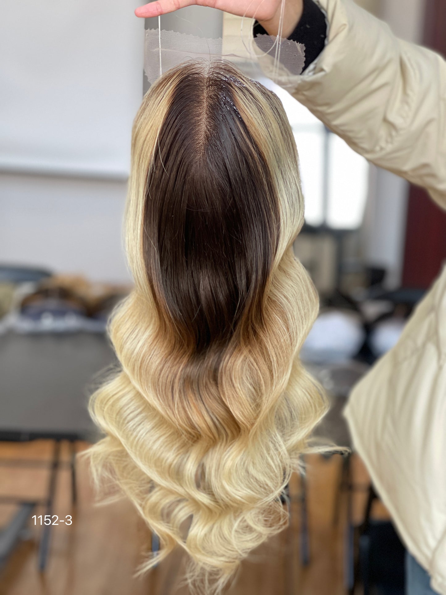 Chocolate Brown Dark-Root Blonde Highlighted Long Wavy Human Hair Topper Mini Wig, product view 4