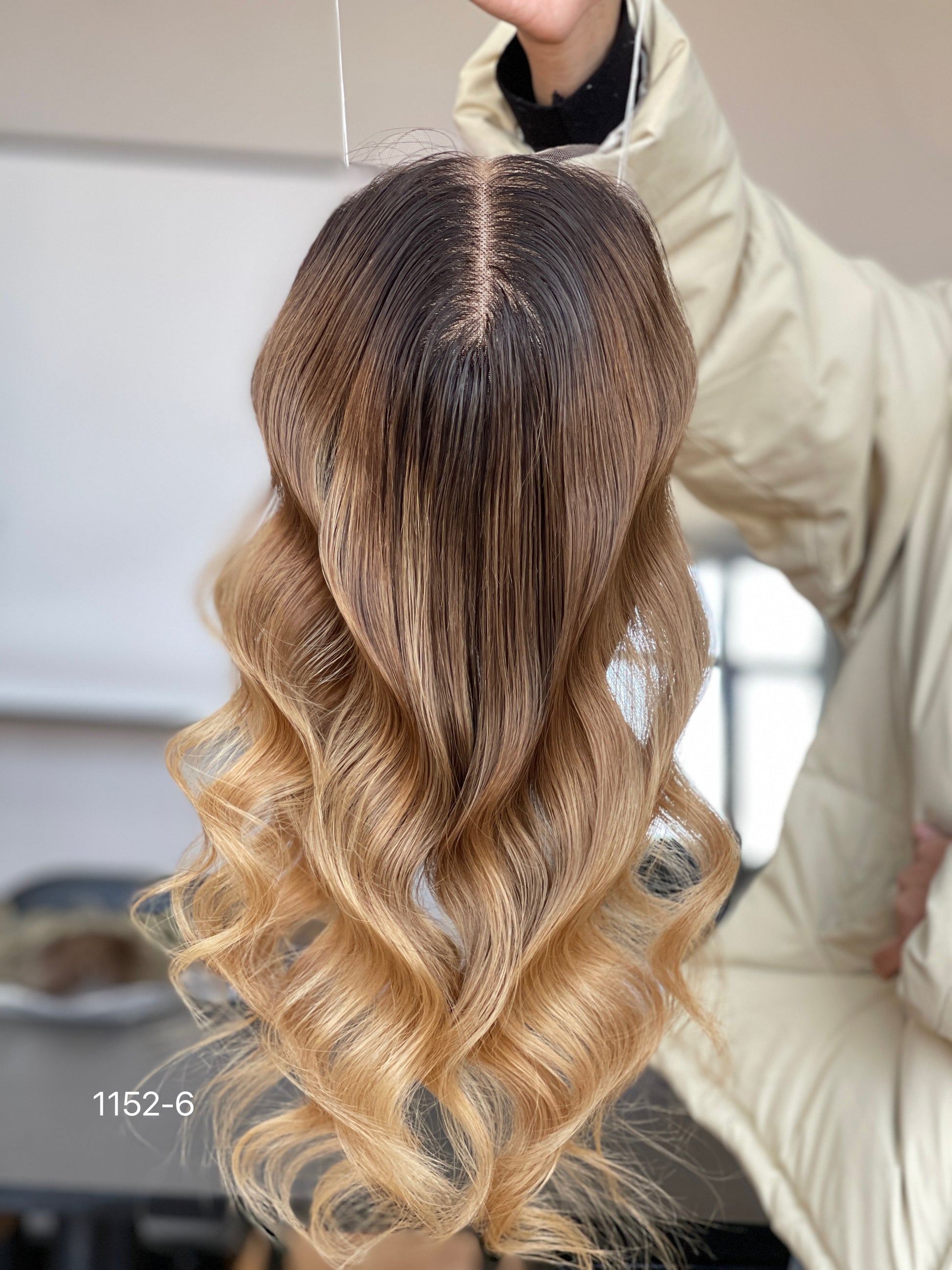 Chocolate Brown Dark-Root Caramel Highlighted Long Wavy Human Hair Topper Mini Wig, product view 4